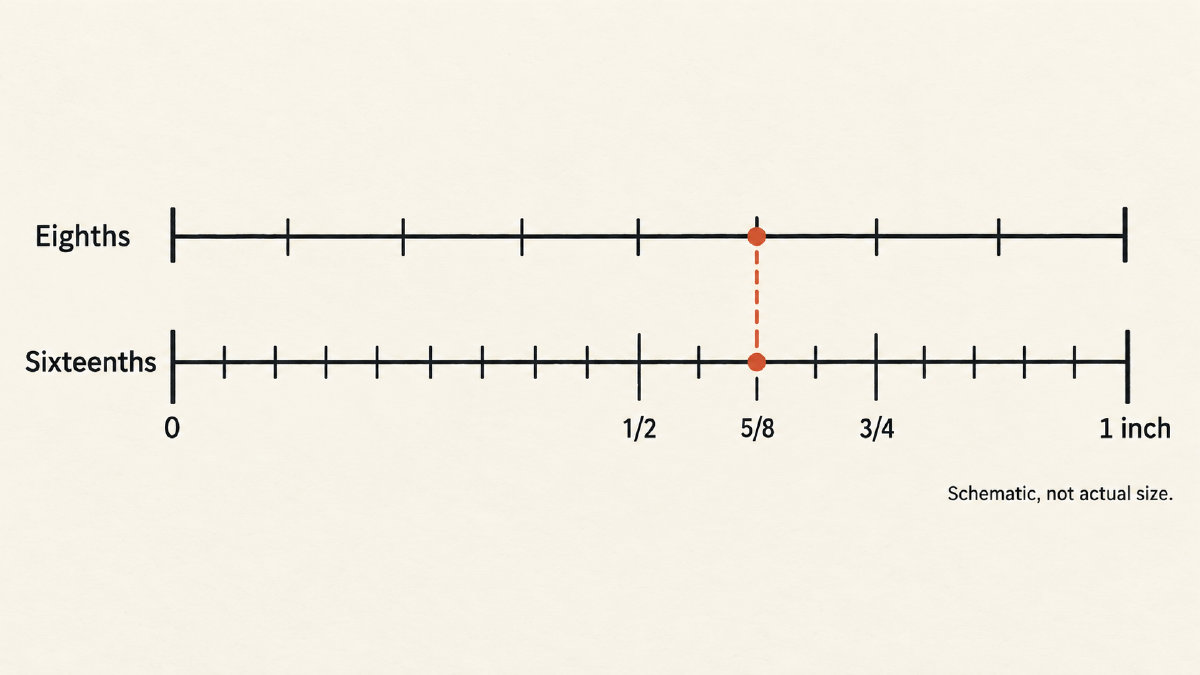 Aligned eighth-inch and sixteenth-inch scales showing 5/8 inch halfway between 1/2 and 3/4 inch; schematic, not actual size.